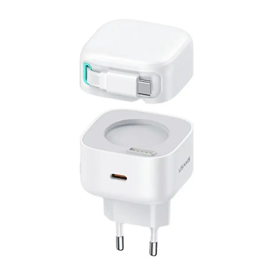 ⁨USAMS Ład. siec. 1xUSB-C ze zwijanym kablem USB-C Retractable PD+QC 35W Gan Fast Charging biały/white XMF Series CC202TC02 (US-CC202)⁩ w sklepie Wasserman.eu