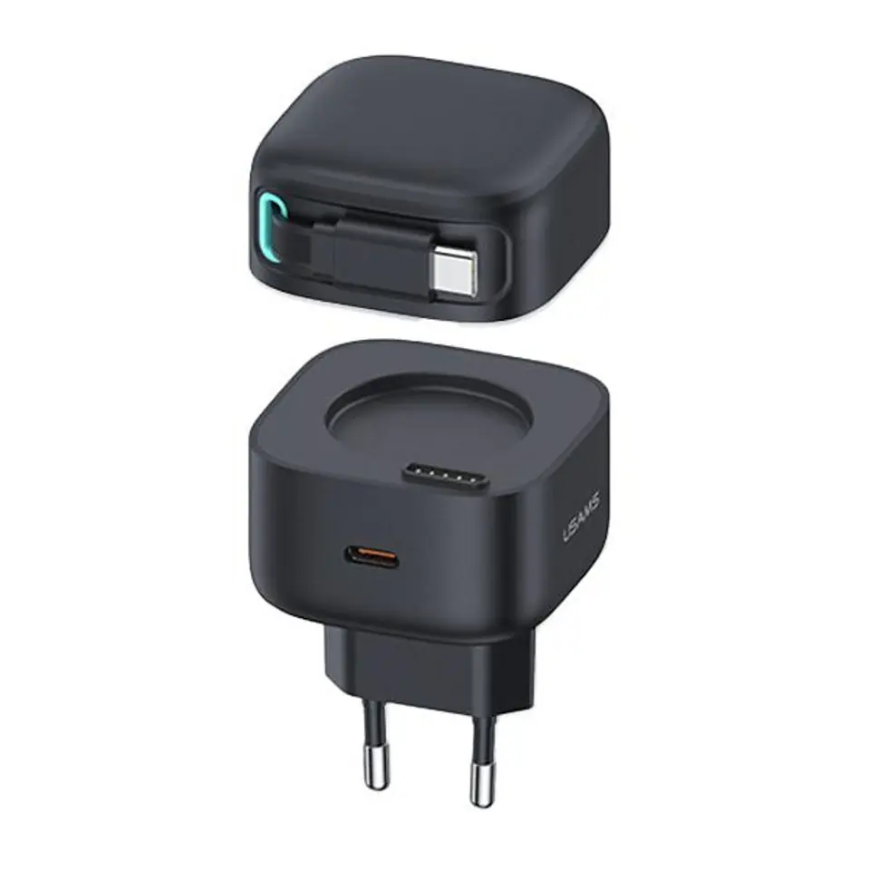 ⁨USAMS Ład. siec. 1xUSB-C ze zwijanym kablem USB-C Retractable PD+QC 35W Gan Fast Charging czarny/black XMF Series CC202TC01 (US-CC202)⁩ w sklepie Wasserman.eu