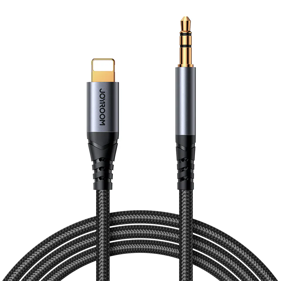 ⁨Kabel audio stereo do iPhone iPad AUX 3.5 mm mini jack - Lightning 1.2m czarny⁩ w sklepie Wasserman.eu