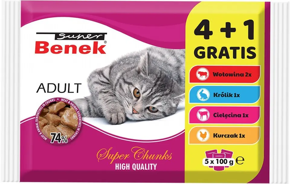 ⁨SUPER BENEK Adult - mokra karma dla kota - 4+1 100 g GRATIS!⁩ w sklepie Wasserman.eu
