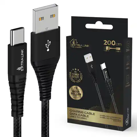 ⁨EXTRALINK SMART LIFE CABLE 15W, USB - USB-C 200CM, NYLON BRAIDED, 5V 3A, BLACK, CABESL01⁩ w sklepie Wasserman.eu