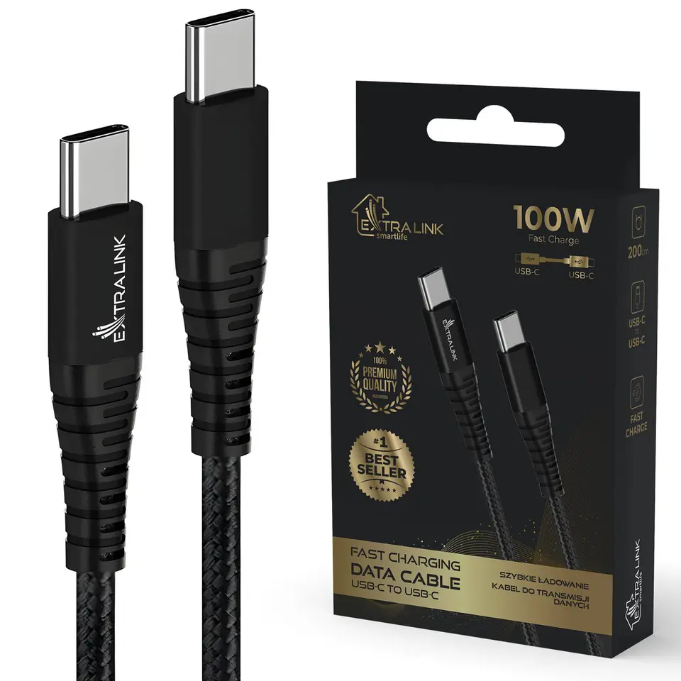 ⁨EXTRALINK SMART LIFE CABLE 100W, USB-C - USB-C, 200CM, NYLON BRAIDED, 20V 5A 480MBPS, BLACK, CABESL02⁩ w sklepie Wasserman.eu