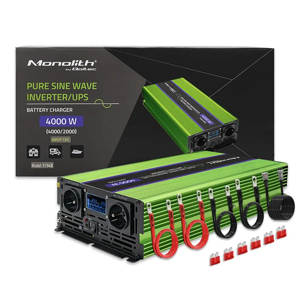 ⁨Qoltec Monolith power adapter/inverter Auto 4000 W Green⁩ at Wasserman.eu