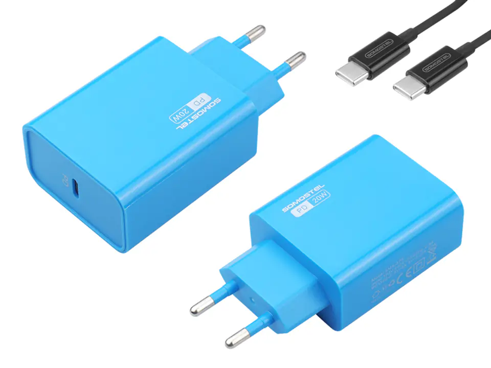 ⁨1 szt. Ładowarka sieciowa Somostel SMS-A78, 2 x USB, PD, 20 W + kabel USB Type-C, czarna.⁩ w sklepie Wasserman.eu