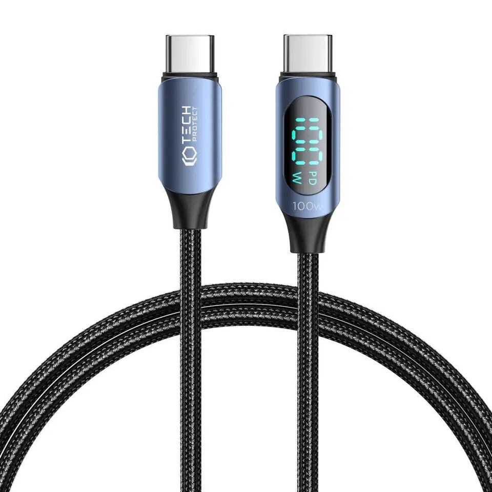 ⁨Kabel 100W 5A 1m USB-C - USB-C Tech-Protect UltraBoost LED niebieskie⁩ w sklepie Wasserman.eu