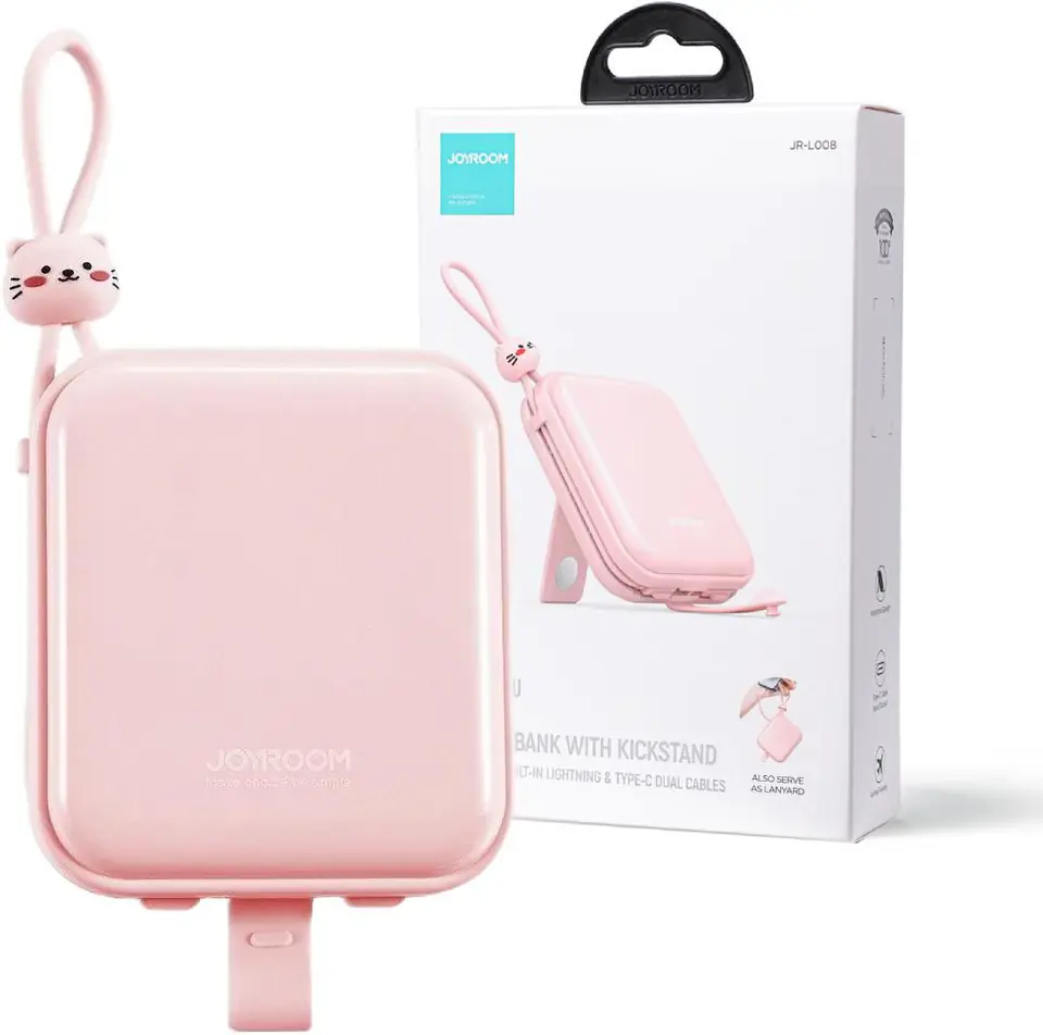 ⁨Powerbank Joyroom Cutie Series JR-L008 10000mAh 22.5W PD QC z kablami 1x USB-A 1x USB-C różowy⁩ w sklepie Wasserman.eu