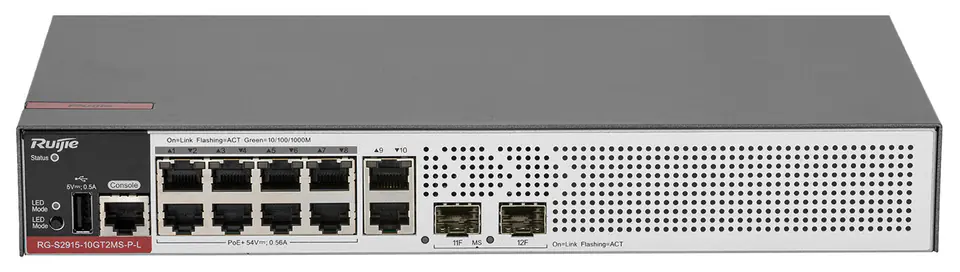 Ruijie Managed Switch | L2+ | 10 x 1Gbit ports + 2 x 2.5Gbit SFP ports | 10 PoE+ ports (125W max) | 1 fan, 1 built-in AC adapter | Rack at Wasserman.eu
