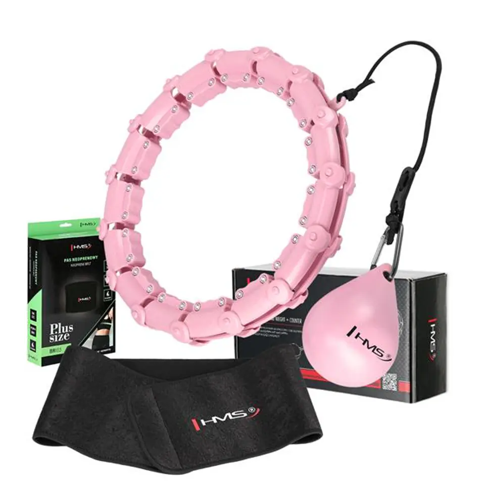 ⁨ZESTAW HULA HOP HHW11 LIGHT PINK Z WYPUSTKAMI I OBCIĄŻNIKIEM + PAS BR163 BLACK PLUS SIZE HMS⁩ w sklepie Wasserman.eu