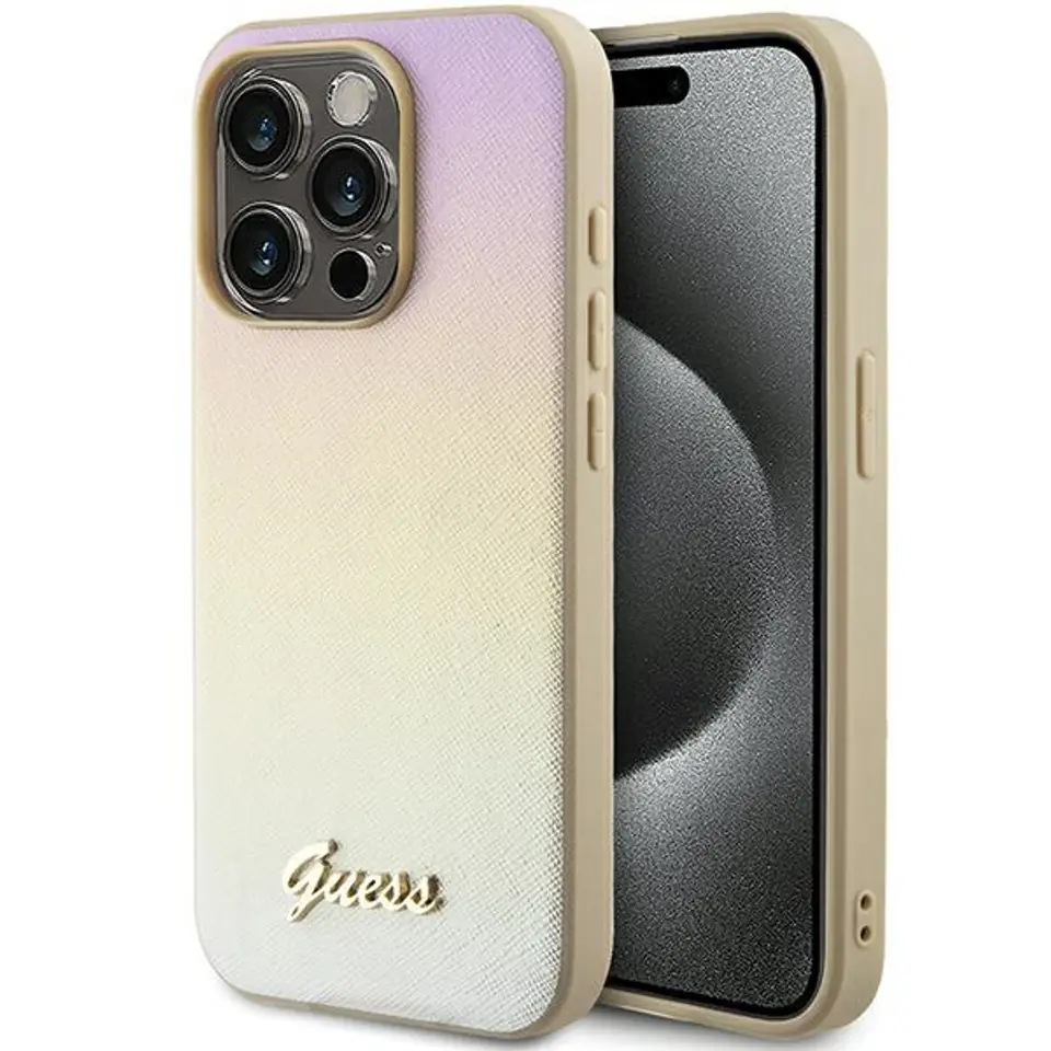 ⁨Guess GUHCP14LPSAIRSD iPhone 14 Pro 6.1" złoty/gold hardcase Saffiano Iridescent Script⁩ w sklepie Wasserman.eu