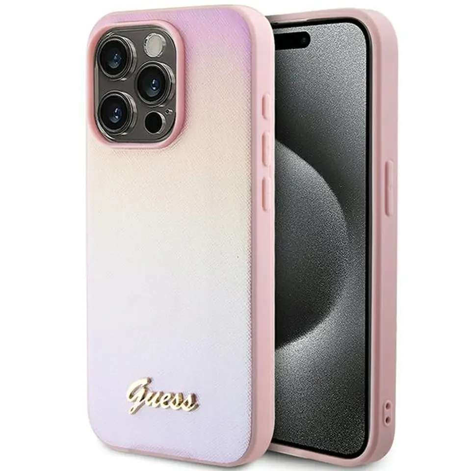 ⁨Guess GUHCP14LPSAIRSP iPhone 14 Pro 6.1" różowy/pink hardcase Saffiano Iridescent Script⁩ w sklepie Wasserman.eu