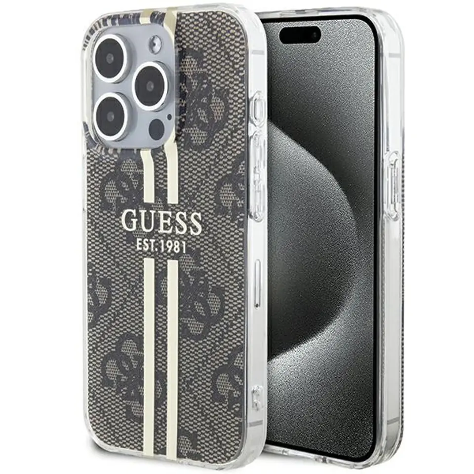 ⁨Guess GUHCP15LH4PSEGW iPhone 15 Pro 6.1" brązowy/brown hardcase IML 4G Gold Stripe⁩ w sklepie Wasserman.eu