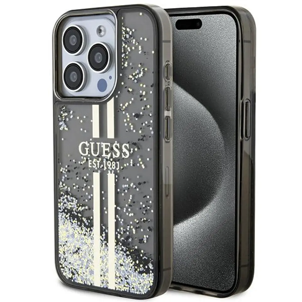 ⁨Guess GUHCP15LLFCSEGK iPhone 15 Pro 6.1" czarny/black hardcase Liquid Glitter Gold Stripes⁩ w sklepie Wasserman.eu