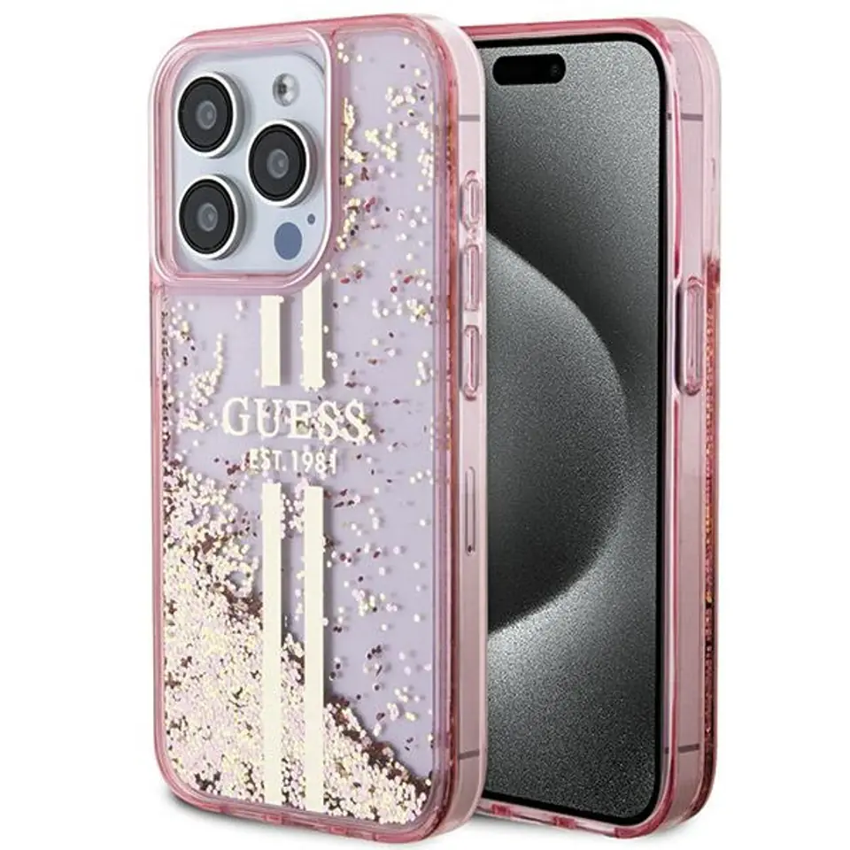 ⁨Guess GUHCP15LLFCSEGP iPhone 15 Pro 6.1" różowy/pink hardcase Liquid Glitter Gold Stripes⁩ w sklepie Wasserman.eu