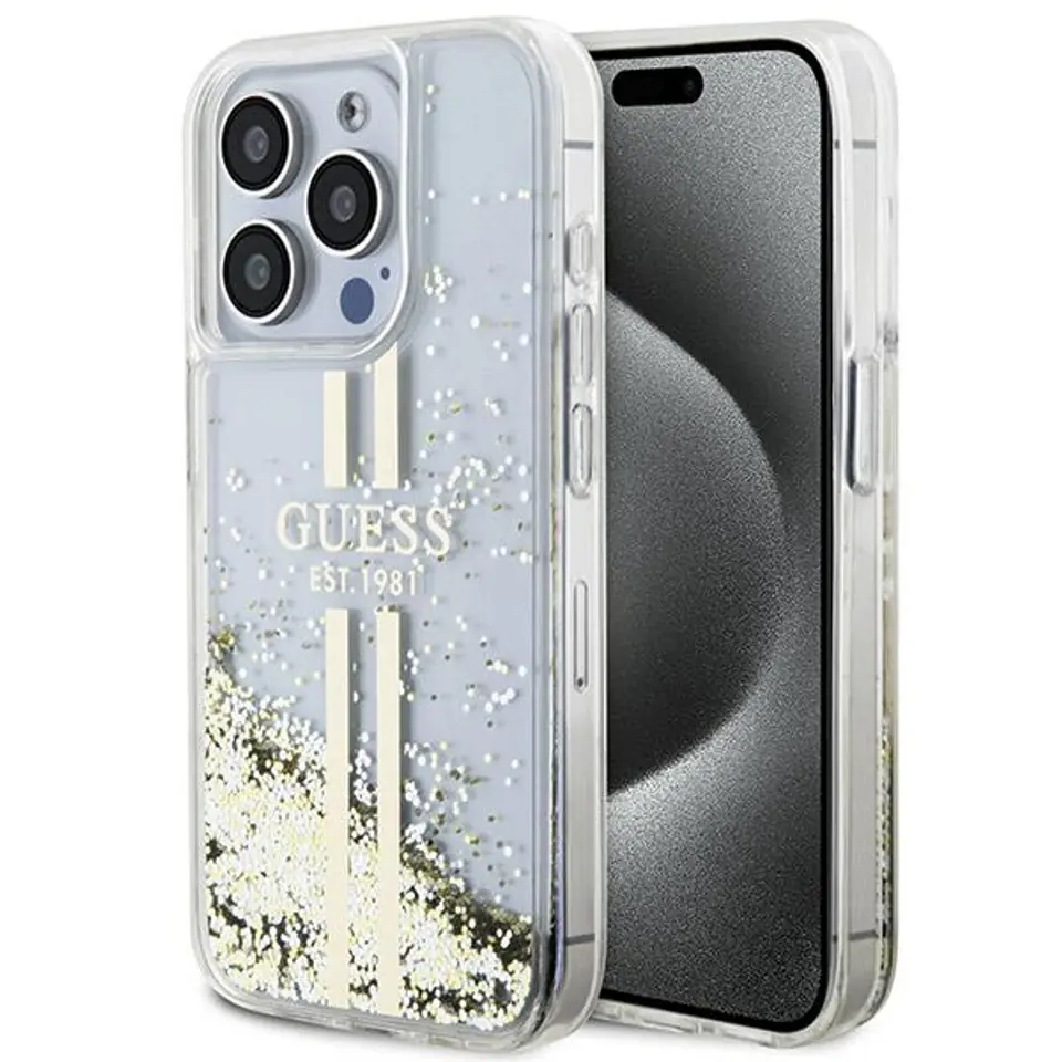 ⁨Guess GUHCP15LLFCSEGT iPhone 15 Pro 6.1" transparent hardcase Liquid Glitter Gold Stripes⁩ w sklepie Wasserman.eu