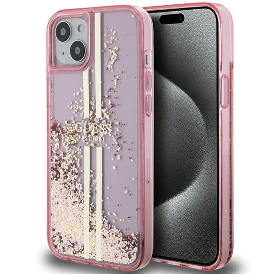 ⁨Guess GUHCP15MLFCSEGP iPhone 15 Plus / 14 Plus 6.7" różowy/pink hardcase Liquid Glitter Gold Stripes⁩ w sklepie Wasserman.eu