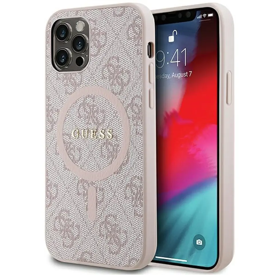 ⁨Guess GUHMP12MG4GFRP iPhone 12/12 Pro 6.1" różowy/pink hardcase 4G Collection Leather Metal Logo MagSafe⁩ w sklepie Wasserman.eu