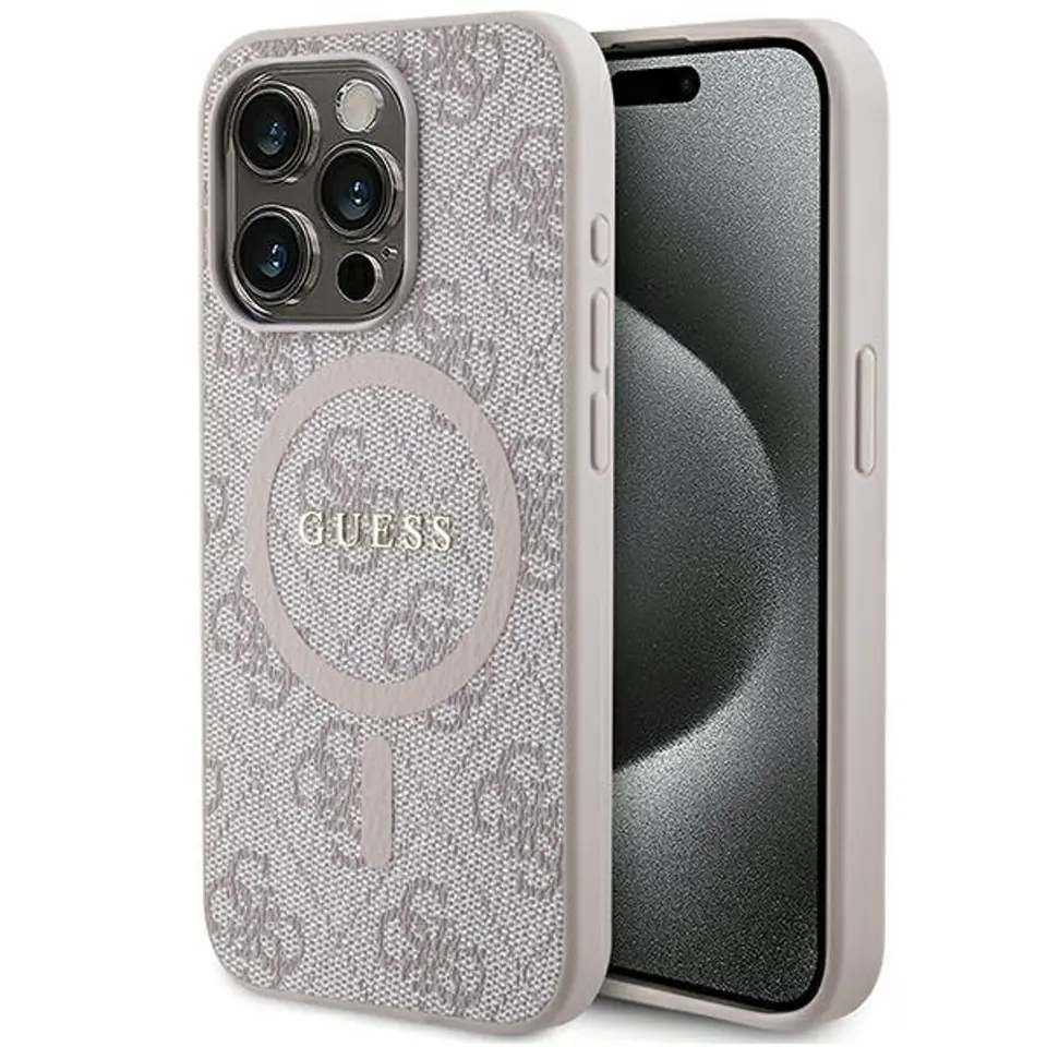 ⁨Guess GUHMP14LG4GFRP iPhone 14 Pro 6.1" różowy/pink hardcase 4G Collection Leather Metal Logo MagSafe⁩ w sklepie Wasserman.eu