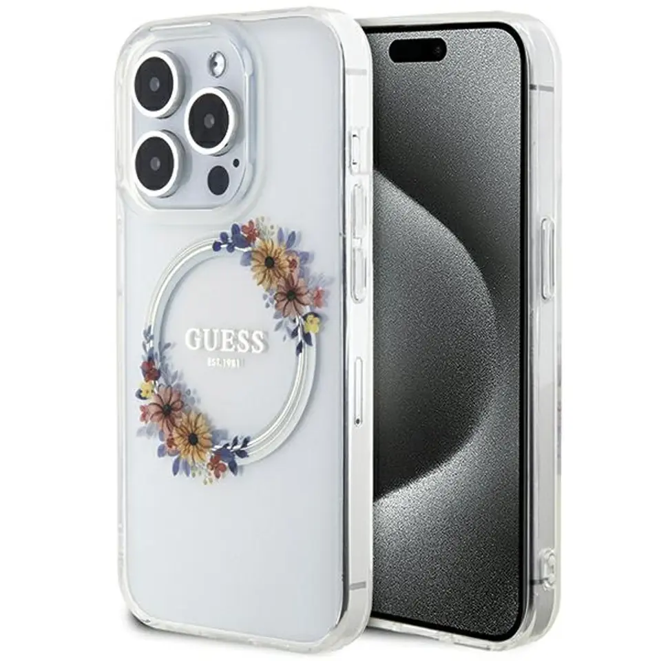 ⁨Guess GUHMP15XHFWFCT iPhone 15 Pro Max 6.7" transparent hardcase IML Flowers Wreatch MagSafe⁩ w sklepie Wasserman.eu