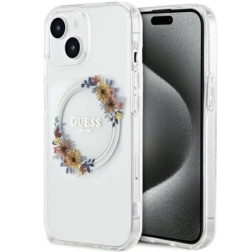 ⁨Guess GUHMP15SHFWFCT iPhone 15 / 14 / 13 6.1" transparent hardcase IML Flowers Wreatch MagSafe⁩ w sklepie Wasserman.eu