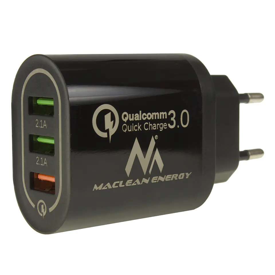 Maclean Wall Charger, Qualcomm Quick Charge, QC 3.0 - 3.6-6VV/3A, 6-9V/2A, 9-12V/1.5A, 2 sockets 5V/2.1A, Black, MCE479 B at Wasserman.eu