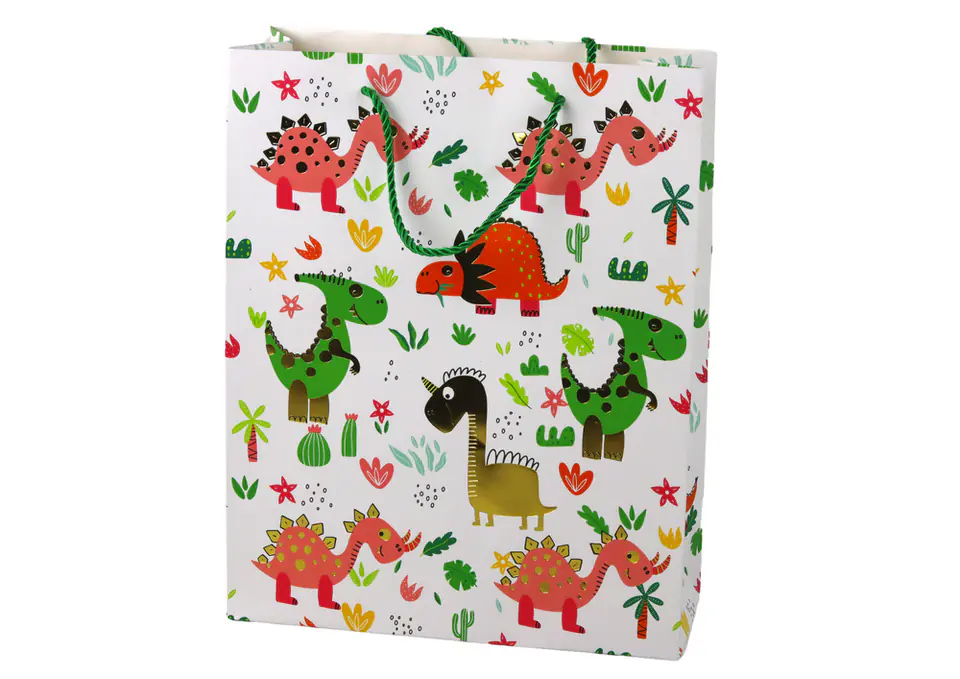 ⁨Papierowa Torba Prezentowa Kolorowe Dinozaury Palmy 32 cm x 26 cm x 10 cm⁩ w sklepie Wasserman.eu