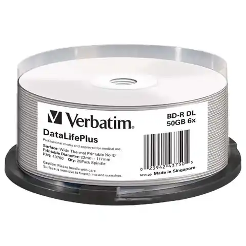 ⁨Verbatim BD-R, DL+ Wide Thermal Printable No Id Surface Hard Coat, 50GB, spindle, 43750, 6x, 25-pack, do archiwizacji danych⁩ w sklepie Wasserman.eu