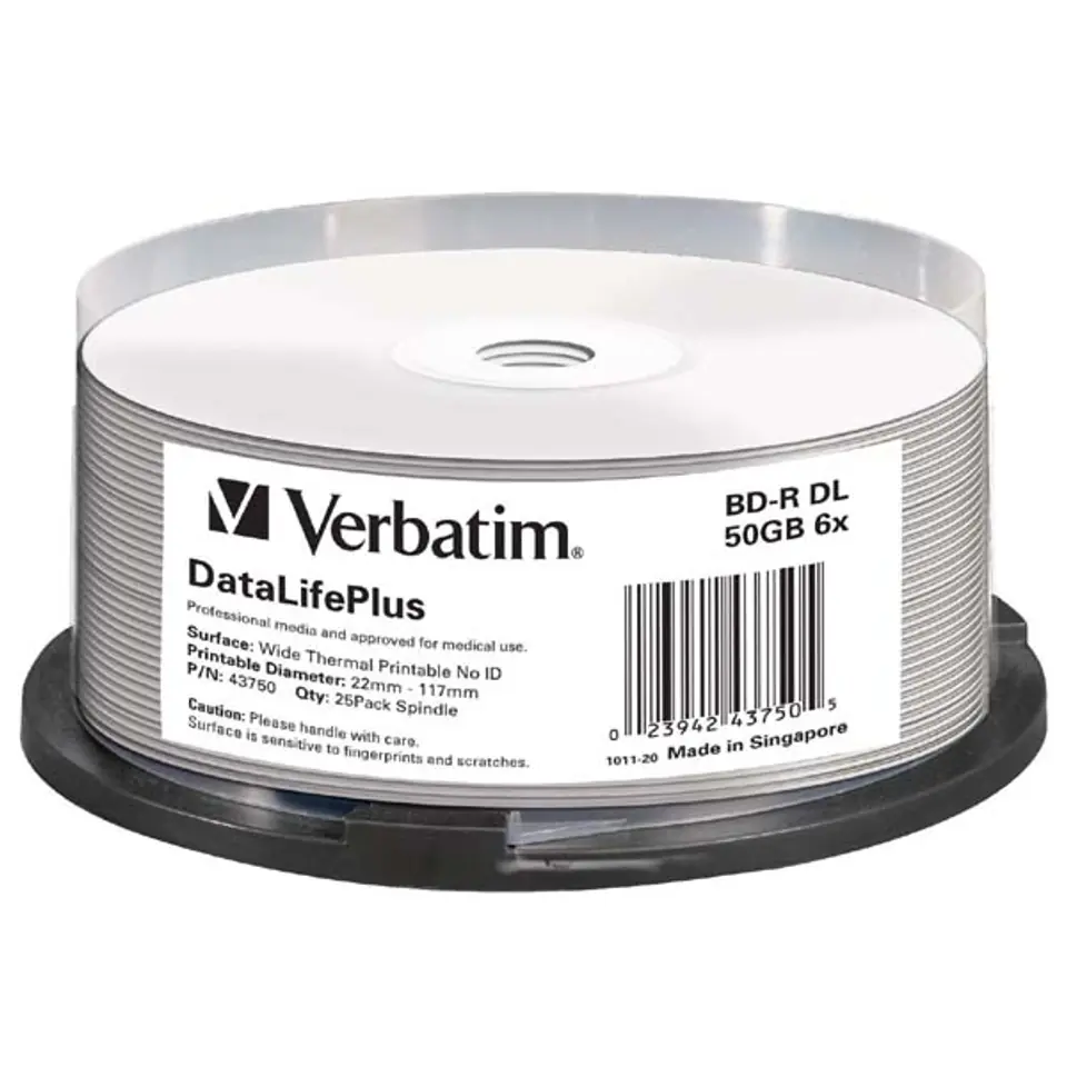 ⁨BD-R DL Verbatim 50GB 6x Wide White Thermal Printable - No ID Brand (spindle 25)⁩ at Wasserman.eu