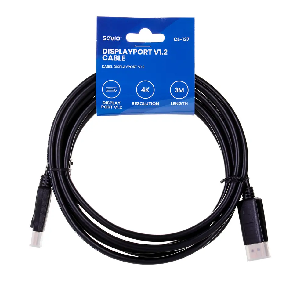 ⁨Kabel SAVIO CL-137 (DisplayPort M - DisplayPort M; 3m; kolor czarny)⁩ w sklepie Wasserman.eu