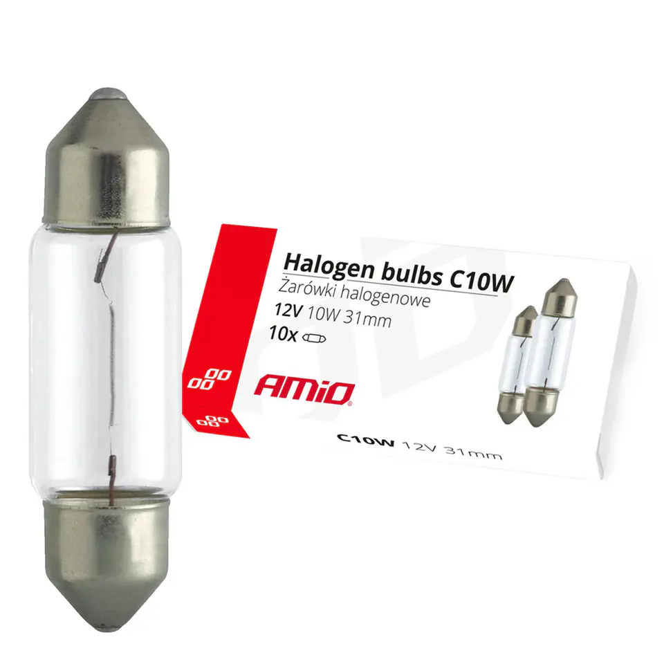 ⁨Żarówki halogenowe c10w festoon 31mm 12v 10 szt. amio-02555⁩ w sklepie Wasserman.eu