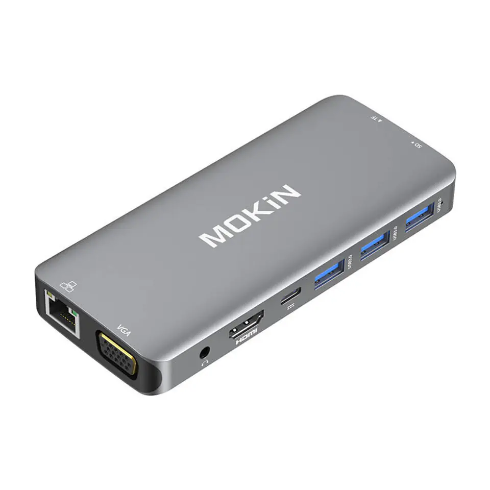 ⁨Adapter Hub 10w1 MOKiN USB-C do 3x USB 3.0 + USB-C charging + HDMI + 3.5mm audio + VGA + 2x RJ45 + Micro SD Reader (srebrny)⁩ w sklepie Wasserman.eu