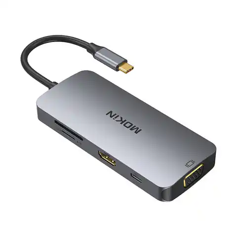 ⁨Adapter MOKiN 8w1 USB-C do 3x USB 3.0 + HDMI + USB-C + VGA + SD Card Reader + Micro SD Card Reader (srebrny)⁩ w sklepie Wasserman.eu