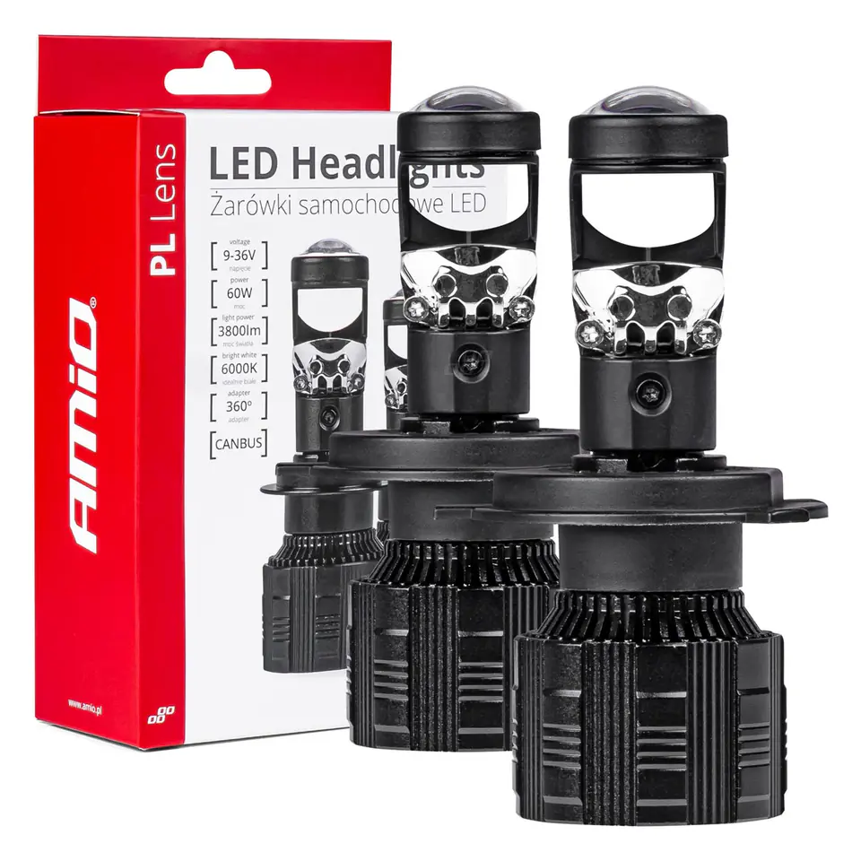 ⁨Żarówki samochodowe led seria pl lens h4 soczewka 6000k canbus amio-03667⁩ w sklepie Wasserman.eu