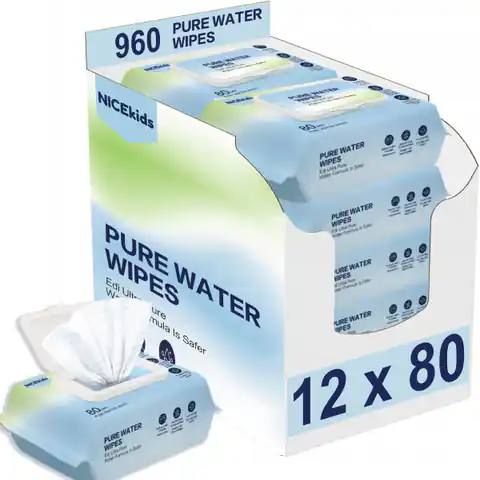 ⁨NICEKIDS Chusteczki nawilżane Pure Water Wipes 99,9% wody 12x80 szt⁩ w sklepie Wasserman.eu