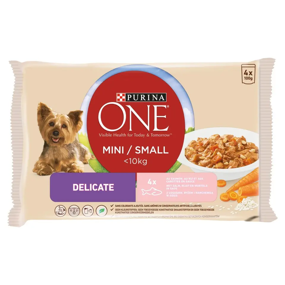 ⁨PURINA One Mini Delicate z łososiem, ryżem i marchewką - mokra karma dla psa - 4x 100g⁩ w sklepie Wasserman.eu