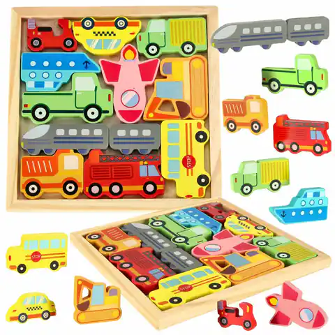 ⁨Puzzle układanka edukacyjna drewniana sorter dopasuj kształty pojazdy⁩ w sklepie Wasserman.eu