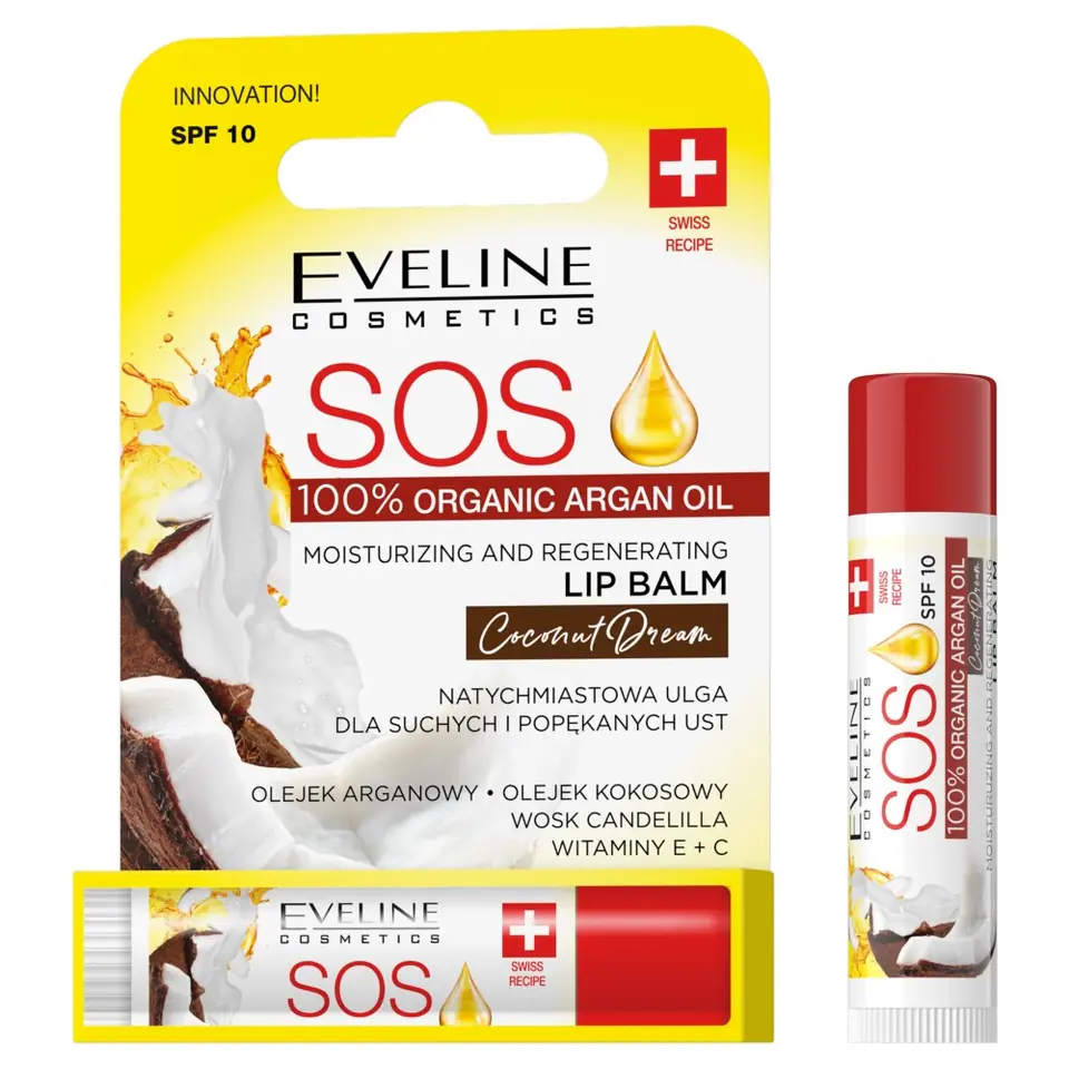 ⁨EVELINE SOS Lip Balm 100% Organic Argan Oil Balsam do ust nawilżająco-regenerujący Coconut Dream 1szt⁩ w sklepie Wasserman.eu