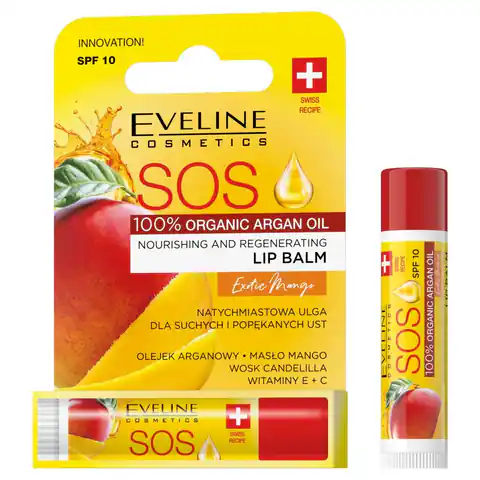 ⁨EVELINE SOS Lip Balm 100% Organic Argan Oil Balsam do ust odżywczo-regenerujący Exotic Mango 1szt⁩ w sklepie Wasserman.eu