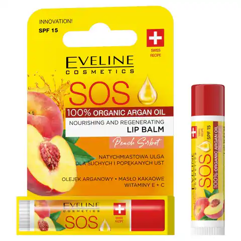 ⁨EVELINE SOS Lip Balm 100% Organic Argan Oil Balsam do ust odżywczo-regenerujący Peach Sorbet 1szt⁩ w sklepie Wasserman.eu