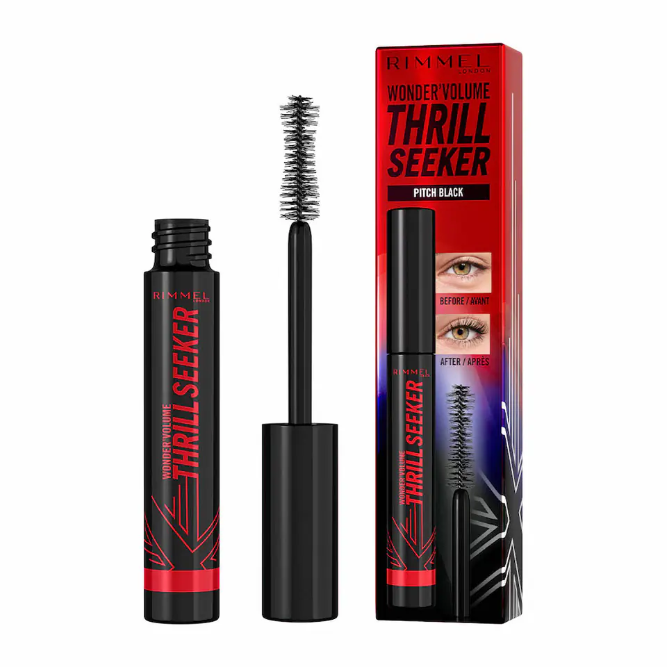 ⁨Rimmel Wonder'Volume Thrill Seeker wydłużający i zwiększający objętość tusz do rzęs z ultraczarnymi pigmentami 004 Pitch Black 8ml⁩ w sklepie Wasserman.eu