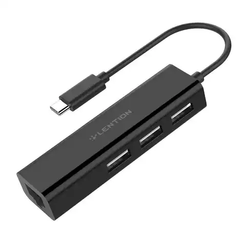 ⁨Hub Lention USB-C do 3x USB 2.0 + Ethernet Adapter (czarny)⁩ w sklepie Wasserman.eu
