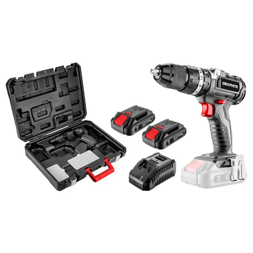 Wiertarko-wkrętarka udarowazasilanie akumulatorem, 58G020-SET2, wkrętarka / 2x baterie / ładowarka / skrzynia, 18V, 5 części, Grap w sklepie Wasserman.eu