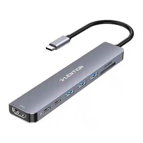 ⁨Hub 8w1 Lention USB-C do 3x USB 3.0 + SD/TF + PD + USB-C + HDMI 4K60Hz (szary)⁩ w sklepie Wasserman.eu
