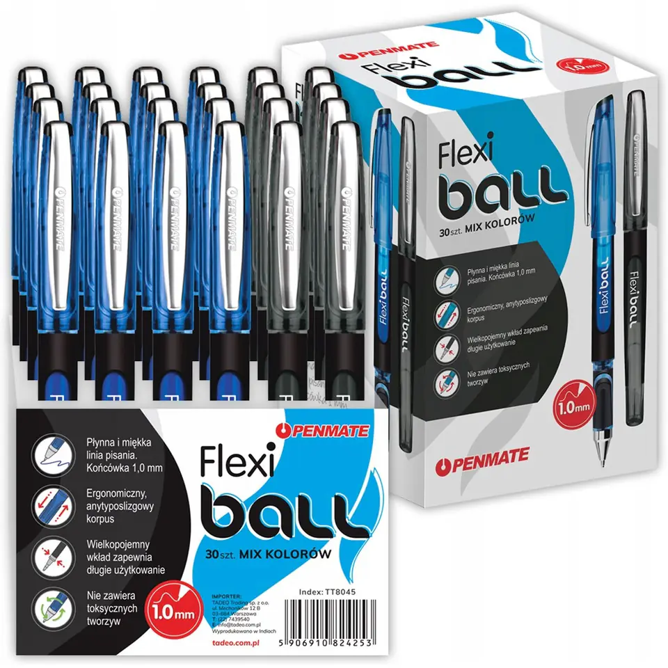 ⁨Długopis FLEXI BALL ze skuwką niebieski (20szt.), czarny (10szt.) 1,0mm PENMATE⁩ w sklepie Wasserman.eu