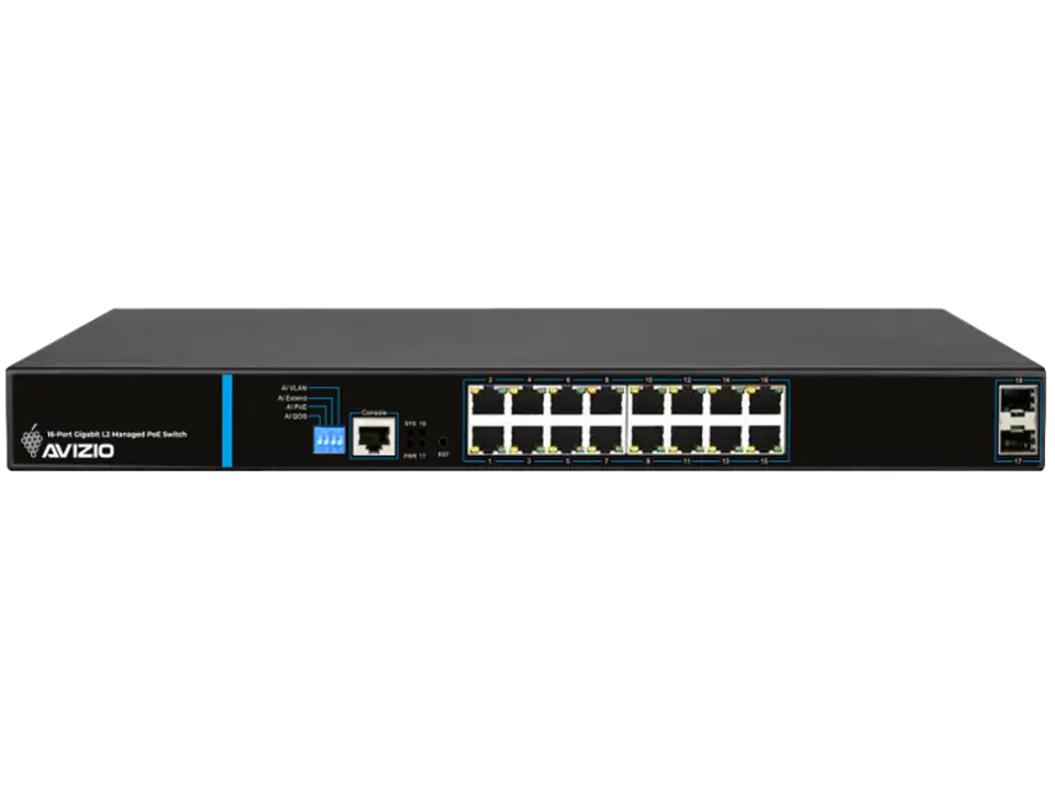 ⁨Zarządzalny przełącznik L2 (switch) 16 portów RJ45 PoE+ 1Gb/s + 2 porty SFP Uplink 1Gb/s (budżet mocy 150W) + 1 port konsolowy RJ45 AVIZIO⁩ w sklepie Wasserman.eu