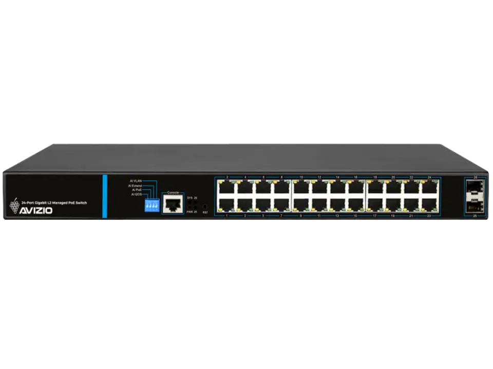 ⁨Zarządzalny przełącznik L2 (switch) 24 porty RJ45 PoE+ 1Gb/s + 2 porty SFP Uplink 1Gb/s + 1 port konsolowy RJ45 (budżet mocy 250W) AVIZIO⁩ w sklepie Wasserman.eu