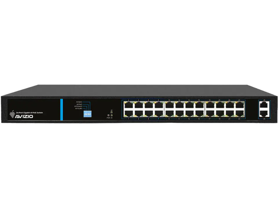 ⁨Niezarządzalny przełącznik (switch) 24 porty RJ45 PoE+ 1Gb/s + 2 porty SFP Uplink 1Gb/s (budżet mocy 250W) AVIZIO⁩ w sklepie Wasserman.eu