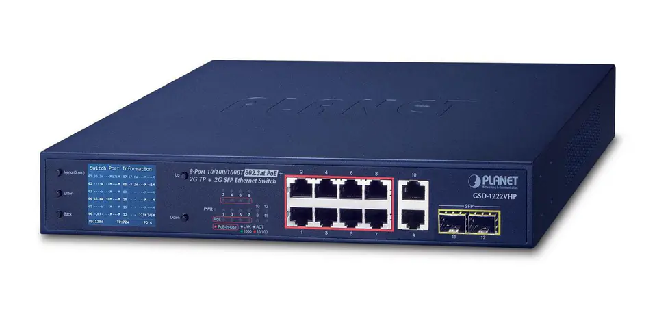 ⁨PLANET GSD-1222VHP network switch Unmanaged Gigabit Ethernet (10/100/1000) Power over Ethernet (PoE) 1U Blue⁩ at Wasserman.eu