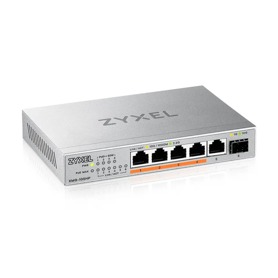 ⁨Zyxel XMG-105HP Unmanaged 2.5G Ethernet (100/1000/2500) Power over Ethernet (PoE) Silver⁩ at Wasserman.eu
