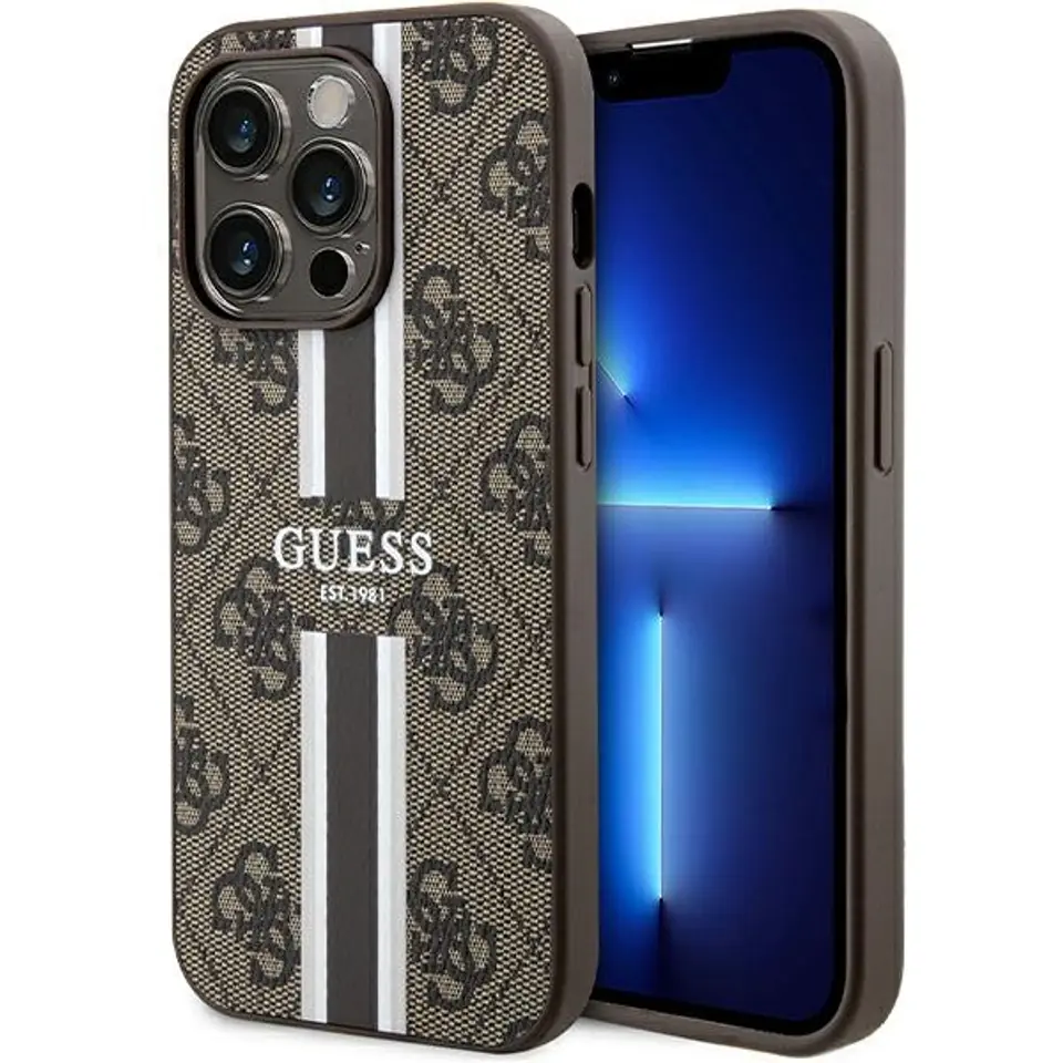 ⁨Guess GUHMP15LP4RPSW iPhone 15 Pro 6.1" brązowy/brown hardcase 4G Printed Stripes MagSafe⁩ w sklepie Wasserman.eu