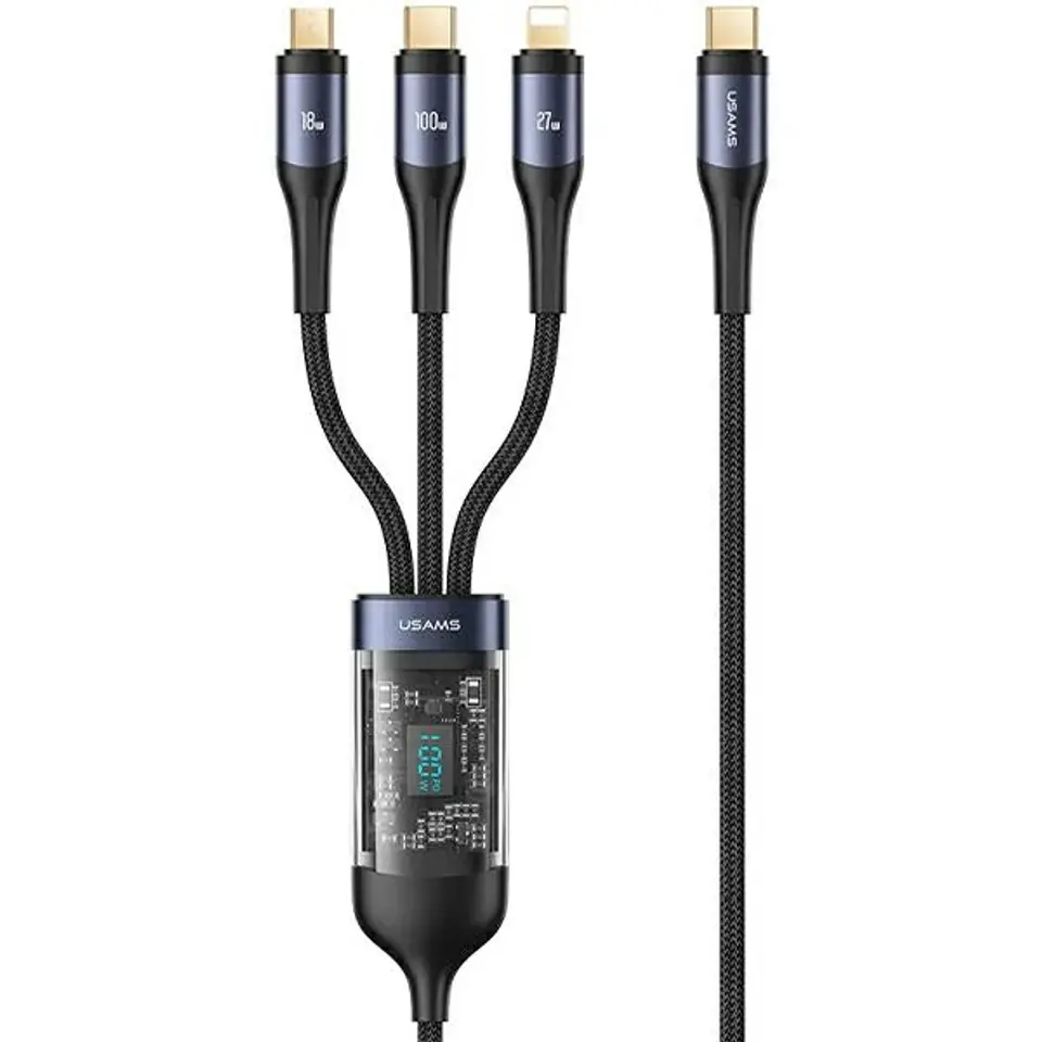 ⁨USAMS Kabel pleciony U83 3w1 100W 1,2m Digital Display PD Fast Charge (lightning/microUSB/USB-C) SJ600USB01 (US-SJ600)⁩ w sklepie Wasserman.eu